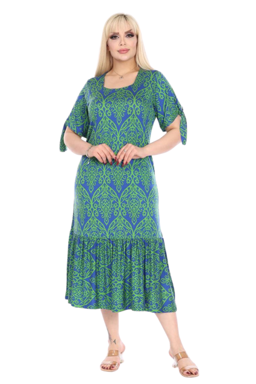 Butik Yeşil Dantel Desen Kolları Bağlamalı Kısa Kollu Kadın Midi Elbise