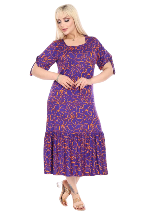 Butik Mor Çiçek Desen Kolları Bağlamalı Kısa Kollu Kadın Midi Elbise