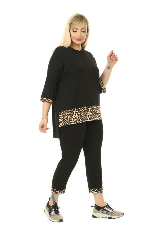 Butik Siyah Leopar Şeritli Büyük Beden Kadın Kapri Takımı