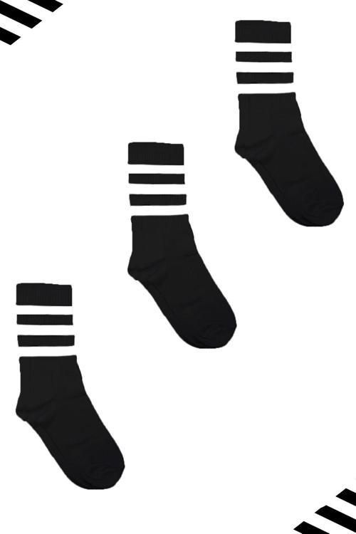 Unisex Renkli Beyaz 3 Çizgili Siyah Soket Tenis Çorap Kolej 3'lü Paket