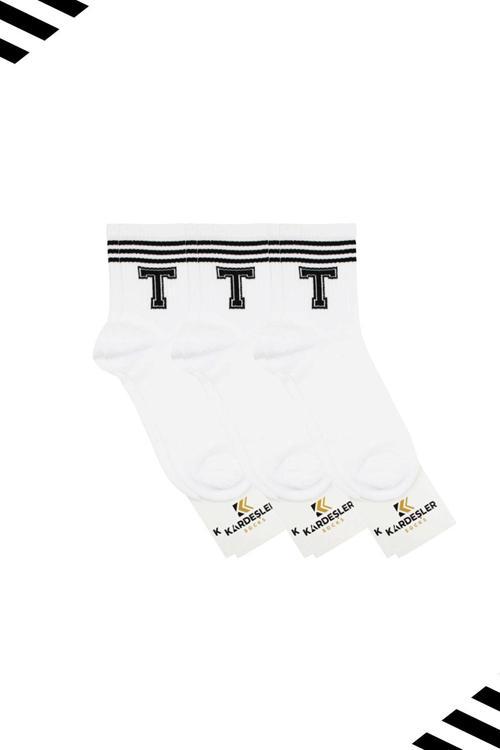 Unisex T Harfi Desenli Tenis Çorap (HARFLİ ÇORAP) 3 Çift