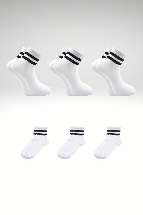 Unisex Siyah 2 Çizgili Beyaz Yarım Konç Tenis Çorap Kolej 3'lü Paket