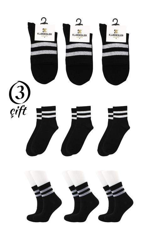 Unisex Beyaz 2 Çizgili Siyah Yarım Konç Tenis Çorap Kolej 3'lü Paket