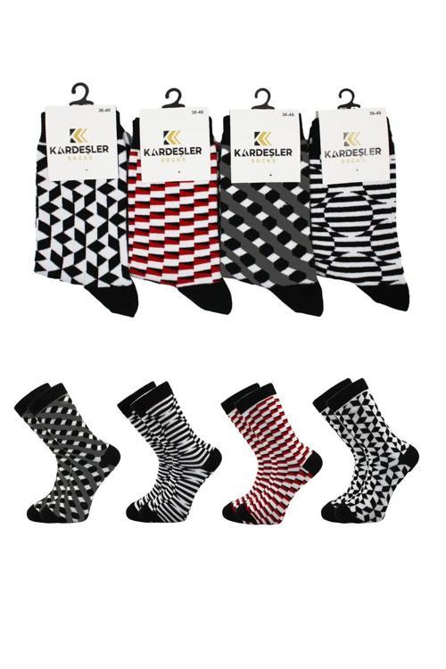 Unisex Çizgili Desenli Pamuklu Çorap 4'lü Set