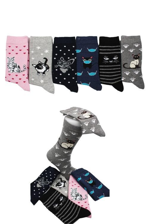 Unisex Kedi Desenli Pamuklu Çorap 6'lı Set