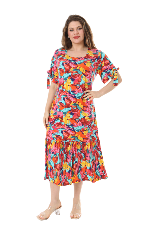 Butik Sarı Gül Desen Kolları Bağlamalı Kısa Kollu Kadın Midi Elbise