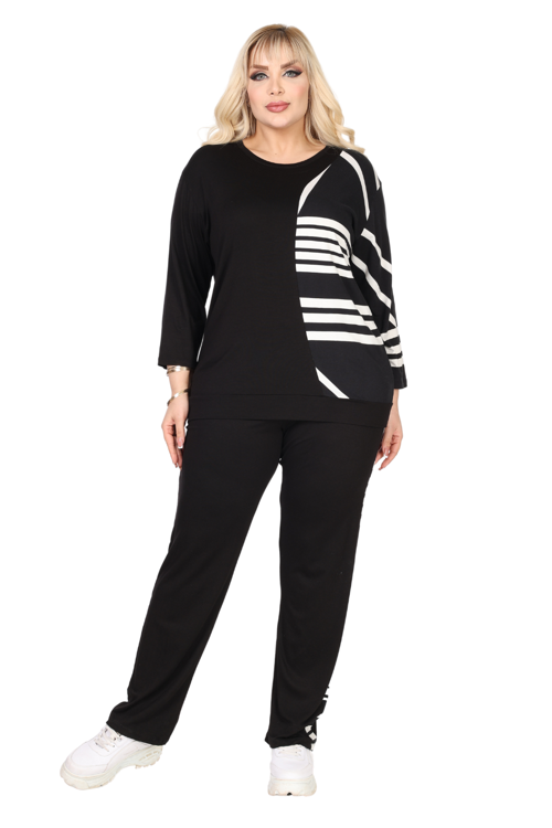 Butik Siyah Truvakar Kol Yarım Çizgi Garnili Viskon Büyük Beden Takım