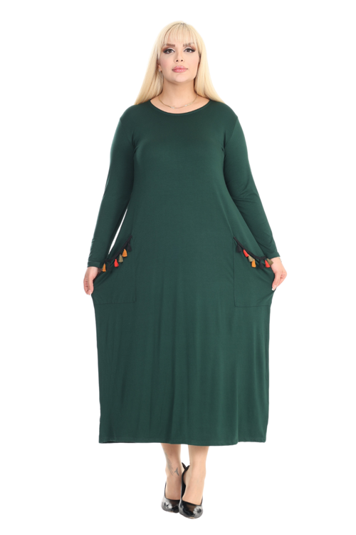 Butik Püsküllü Cepli Kadın Uzun Kollu Zümrüt Yeşili Tesettür Elbise