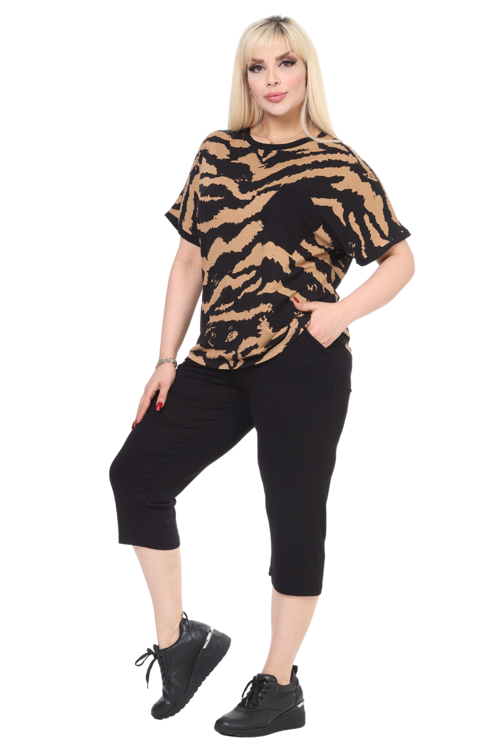 Butik Siyah Zebra Desen Çapraz Cep Detaylı Kapri Takım