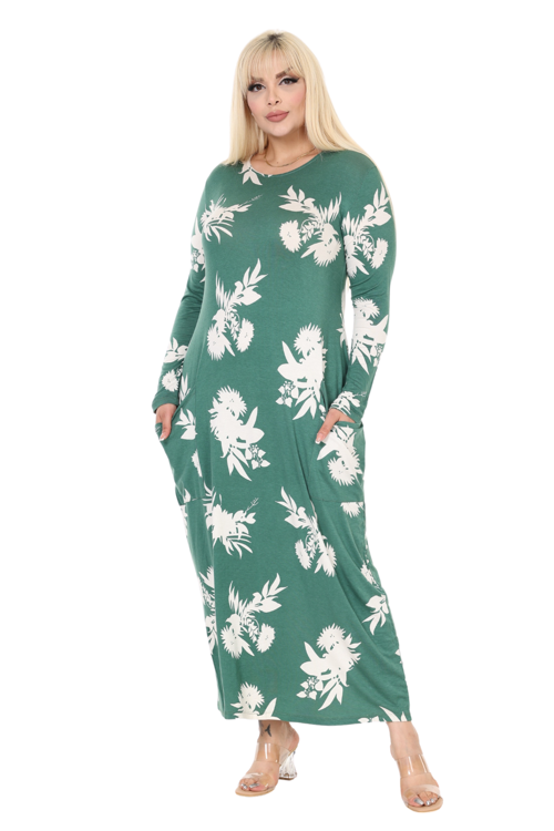 Butik Yeşil Beyaz Yaprak Desen Uzun Kollu Cepli Uzun Elbise