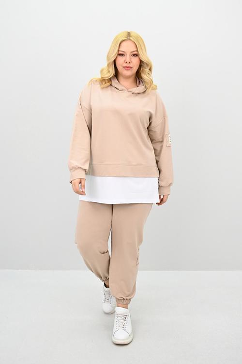 Kadın Büyük Beden Uzun Kollu Kapüşonlu Lastik Paça Eşofman Takımı 8180-25