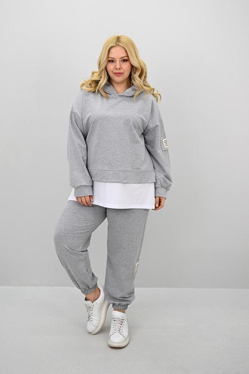 Kadın Büyük Beden Uzun Kollu Kapüşonlu Lastik Paça Eşofman Takımı 8180-25