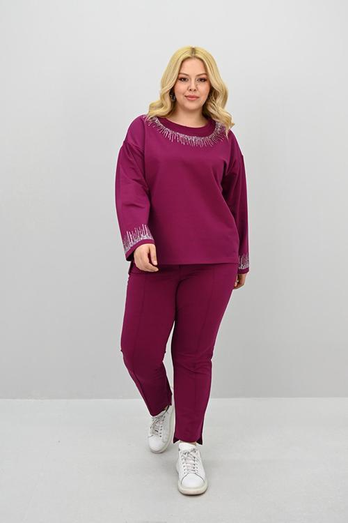 Kadın Büyük Beden Taş Baskı Detaylı Yüksek Bel Eşofman Takımı 8175-25