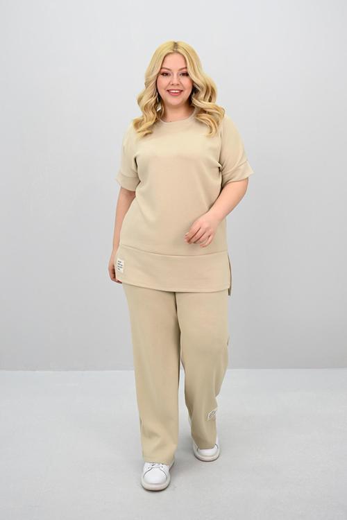 Kadın Büyük Beden Modal Kumaş Kısa Kollu Bol Paça Eşofman Takımı 8184-25