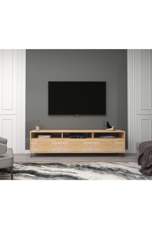 Holmes Meşe Televizyon Sehpası Ve Ünitesi 178X30 Masif Dekoratif Metal Firkete Ayaklı