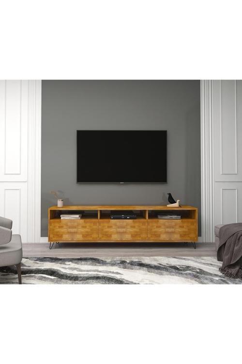 Meşe Televizyon Sehpası Ve Ünitesi 178X30 Masif Dekoratif Metal Firkete Ayaklı Vernikli Holmes