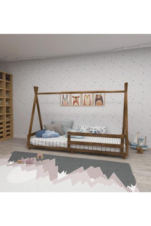 Panda Çocuk Montessori Yatak 190X90 Doğal Ahşap Doğal Renk Özel Tasarım Ceviz Renk