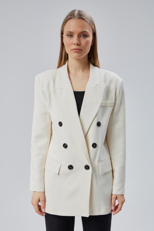 Ekru Oversize Kruvaze Yaka Astarlı Blazer Ceket