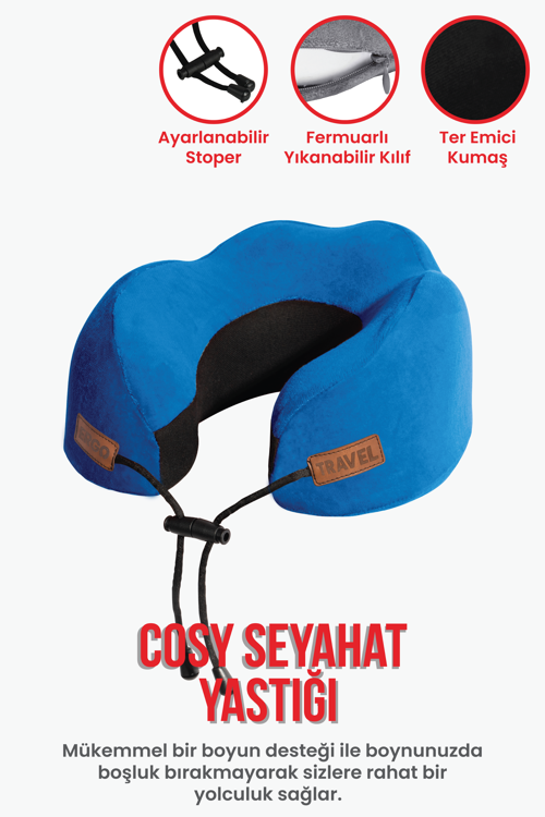 Cosy Ortopedik Seyahat Yastığı Visco Boyun Destekli Seyahat Yastığı - Mavi | Ergo Travel