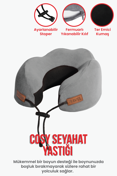 Cosy Ortopedik Seyahat Yastığı Visco Boyun Destekli Seyahat Yastığı - Gri | Ergo Travel