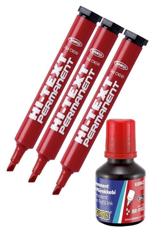 Kırmızı Kesik Uçlu Markör Permanent Kalem 3 Adet Hı-Text Marker Mürekkep Kırmızı 30 Ml 1 Adet Brons Koli Kalemi