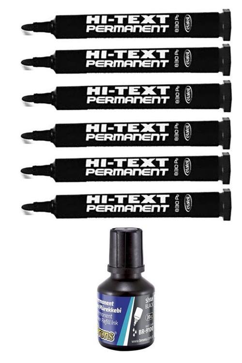 Siyah Yuvarlak Uçlu Markör Permanent Kalem 6 Adet Hı-Text Marker Mürekkep Siyah 30 Ml 1 Adet Brons Koli Kalemi