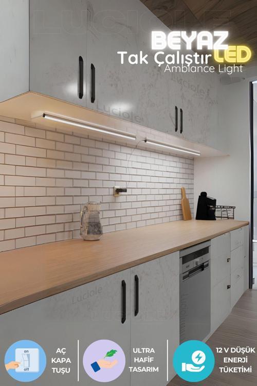 Mutfak Tezgah Altı  Led Işık Bar  Aç Kapa Beyaz Yapışkanlı 1 Metre - Lambader Lbeyaz4