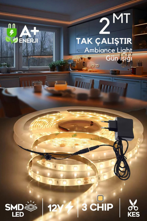 Şerit Led 2 Metre Gün Işığı 3 Çipli Pro Ambiyans Aydınlatma Mutfak Salon Yatak Odası Lambader