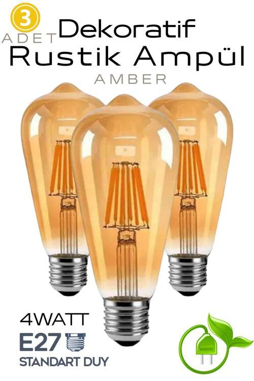 Uzun Dekoratif Retro 4W Rustik Ampul  Cam Amber Işık  E27 Duy 220V 15.000 Saat