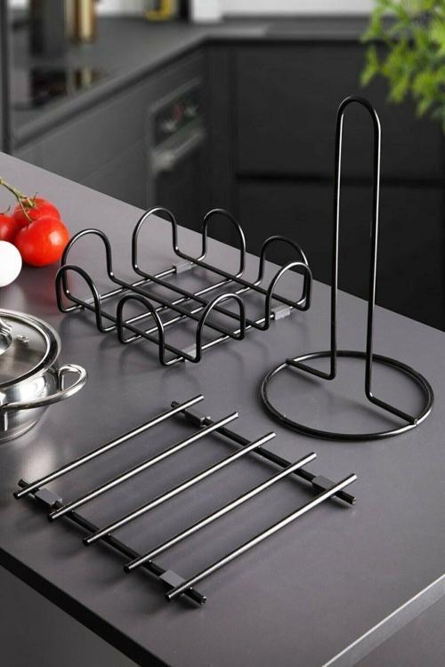 3 Parça Lüx Black Serisi Servis Seti Peçetelik Nihale Ve Dik Havluluk