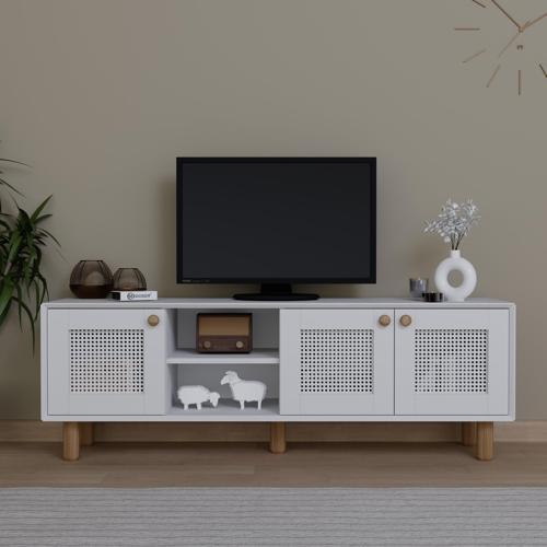 Bohem Serisi Natura Mat Beyaz Pvc Hasır Desen Tv Ünitesi