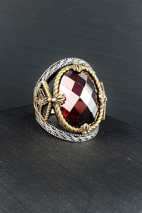 Faset Kesim kırmızı Zirkon Taşlı 925ayar Gümüş Tuğra Detaylı Erkek Yüzük