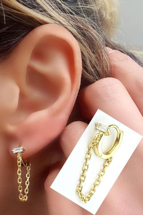 Baget Zirkon Taşlı 925ayar Gümüş Üzerine Altın Kaplama Zincir Detaylı Tek Halka Küpe 