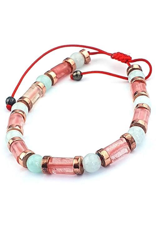 Pembe kuvars ve Aquamarin Taşlı Doğal Taş Bileklik 