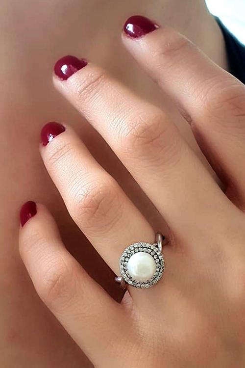 Zirkon taşlı gümüş inci yüzük 