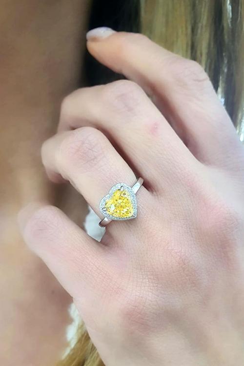 Sky Diamond Yellow Sitrin Taşlı 925ayar Gümüş Üzerine Altın Kaplama Kalp Tek Taş Yüzük 