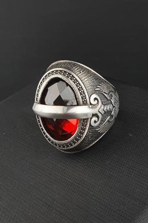 Faset Kesim kırmızı Zirkon Taşlı 925ayar Gümüş Tasarım Erkek Yüzük