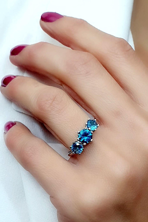 Sky Diamond Blue Creative Sapphire 925 ayar Gümüş Lüks Tria Yüzük