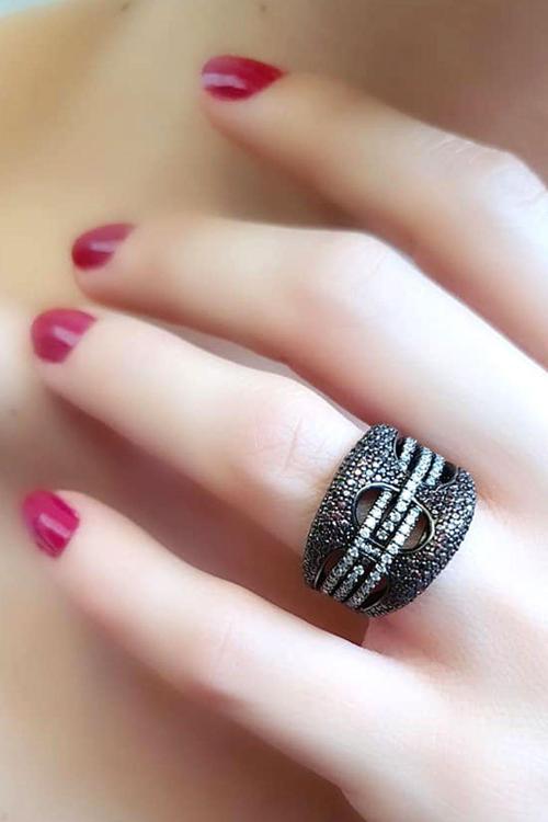 Kahverengi granat taşlı 925 ayar gümüş siyah rodajli lüks modern yüzük  