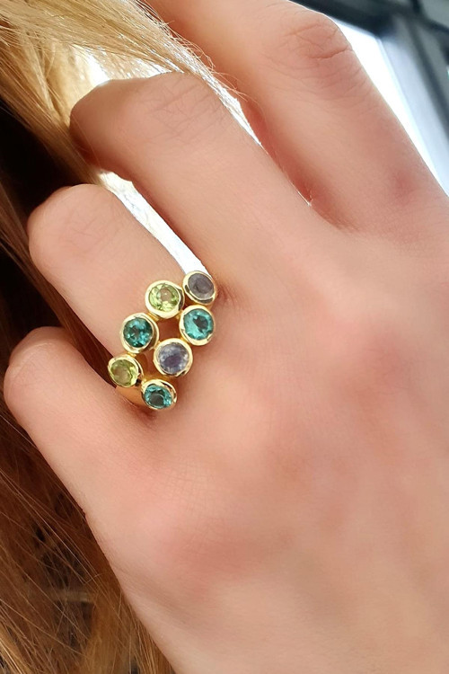 Peridot Aquamarin ve Labrodorite Taşlı 925ayar Gümüş Üzerine Altın Kaplama Tasarım Doğal Taş Yüzük