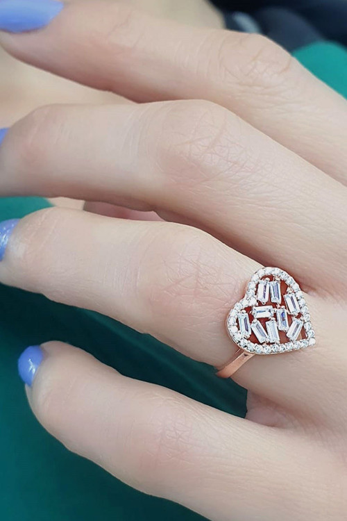 Baget Zirkon Taşlı 925ayar Gümüş Rose Kalp Figürlü Yüzük