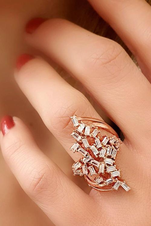 Baget Zirkon Taşlı 925 ayar Gümüş Rose Tasarım Yüzük