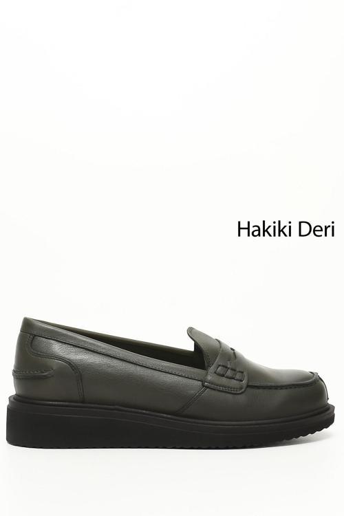Kadın Haki Antik Dolgu Taban Hakiki Deri Loafer Ayakkabı