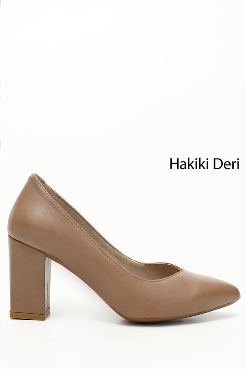 Kadın Vizon Antik Sivri Burun Yüksek Kalın Topuklu Hakiki Deri Ayakkabı