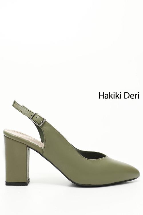 Kadın Haki Antik Yüksek Kalın Topuklu Arkası Açık Hakiki Deri Ayakkabı