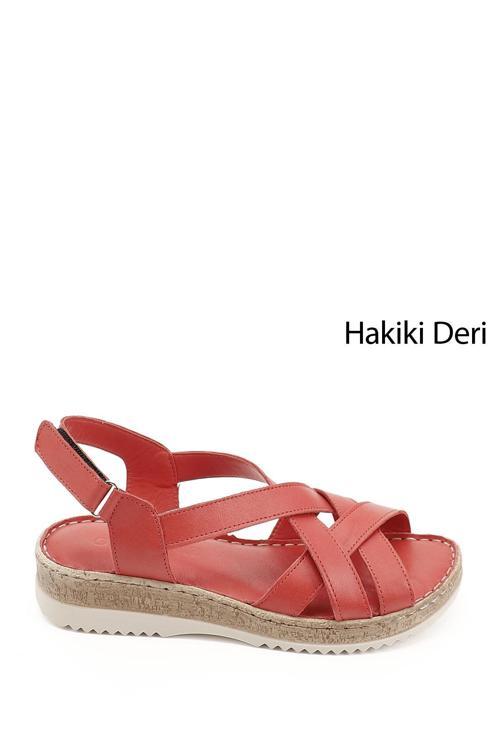 Kadın Kırmızı Antik Cırt Bantlı Hakiki Deri Sandalet