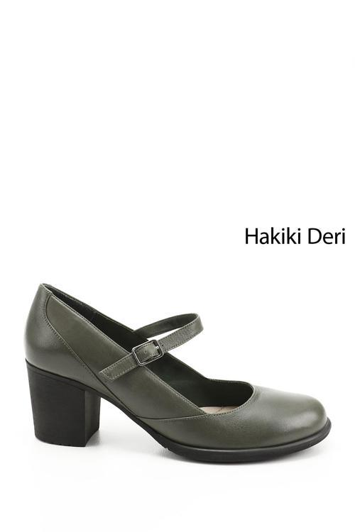 Kadın Haki Antik Kalın Topuklu Mary Jane Hakiki Deri Ayakkabı