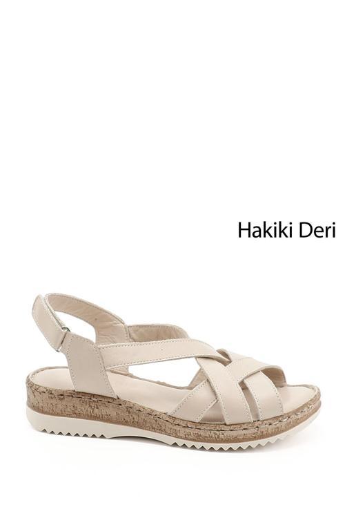 Kadın Bej Antik Cırt Bantlı Hakiki Deri Sandalet