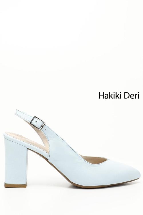 Kadın Mavi Antik Yüksek Kalın Topuklu Arkası Açık Hakiki Deri Ayakkabı