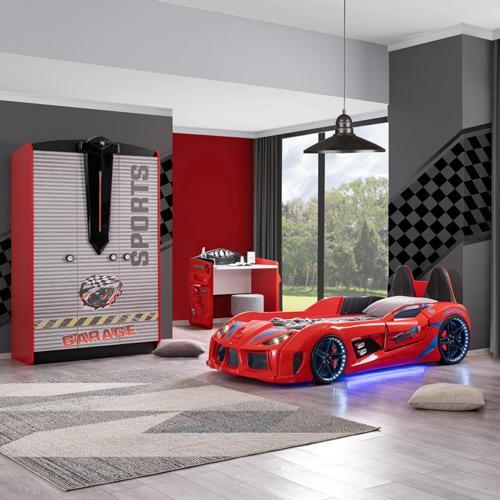 Çocuk Odası - Audi Koltuklu Arabalı Yatak - Sport 3 Kapılı Dolap, Masa - Kırmızı